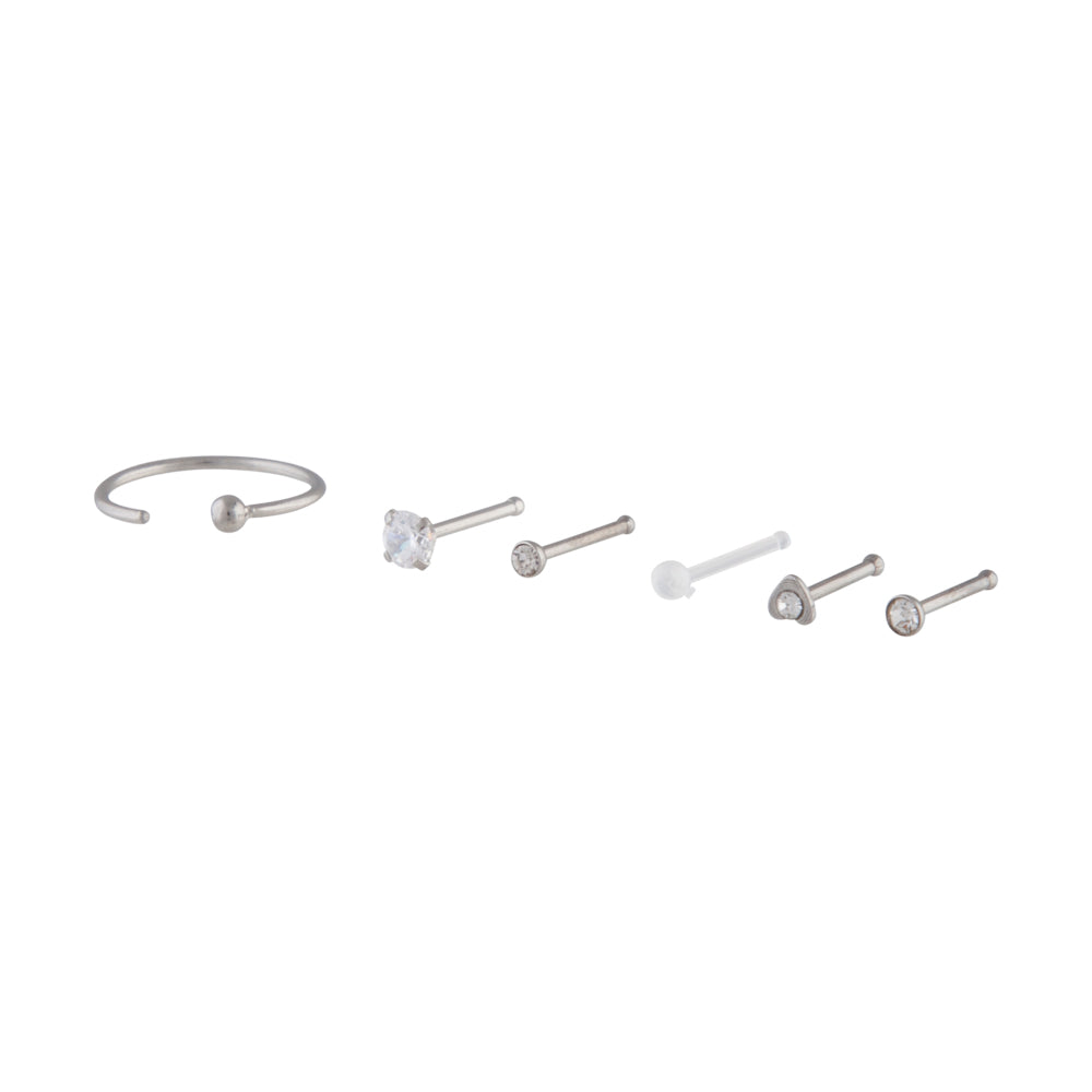 MIX OF SILVER 8mm NOSE STUDS + 10mm NOSE RING 6PK 20Gx0.8mm