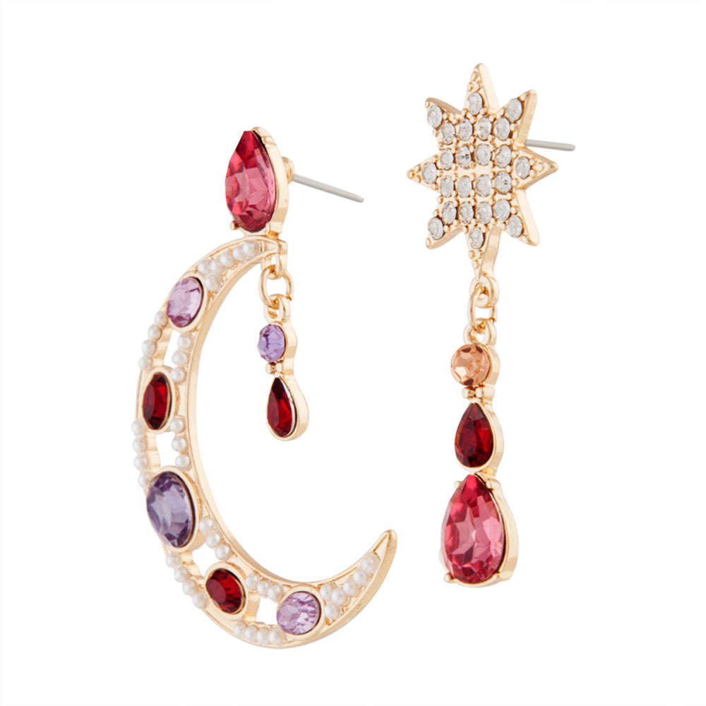 GOLD SET JEWEL MOON AND STAR TEARDROP EARRING