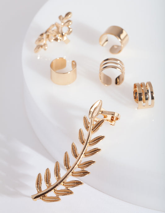 GOLD VINE LEAF AND PLAIN EAR CUFF 6PACK