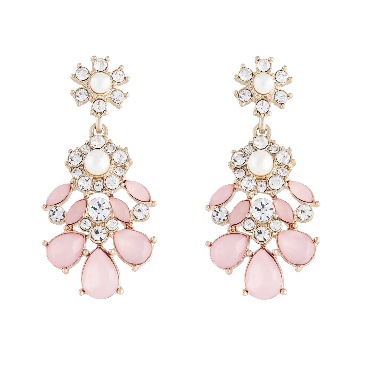 PALE GOLD STATEMENT PINK & CRYSTAL FLOWER DROP EARRING