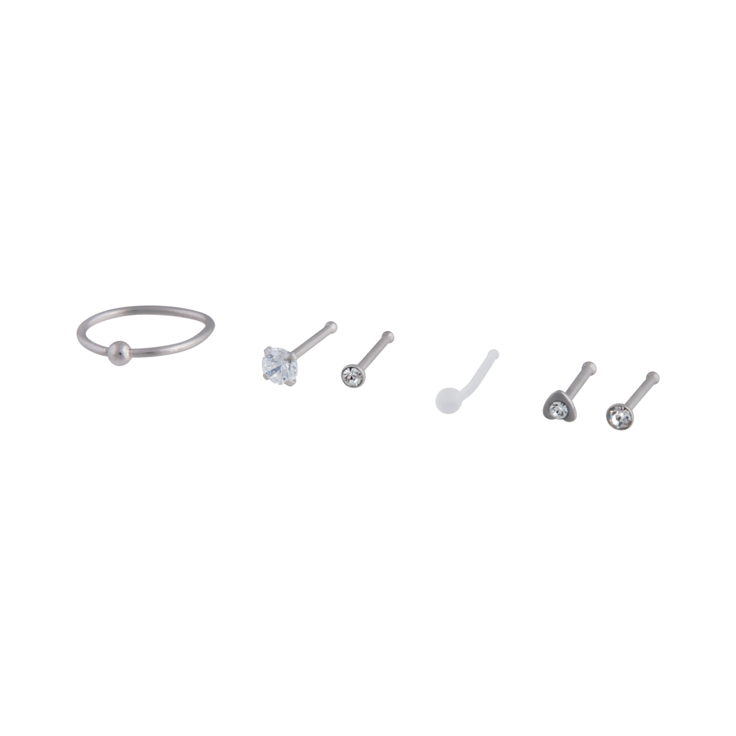 MIX OF SILVER 8mm NOSE STUDS + 10mm NOSE RING 6PK 20Gx0.8mm