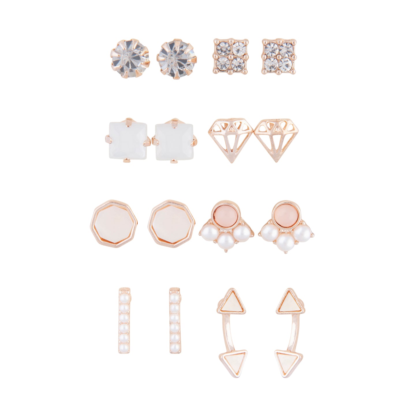 ROSE GOLD PINK AND PEARL GIRLY 8 PACK STUD EARRINGS