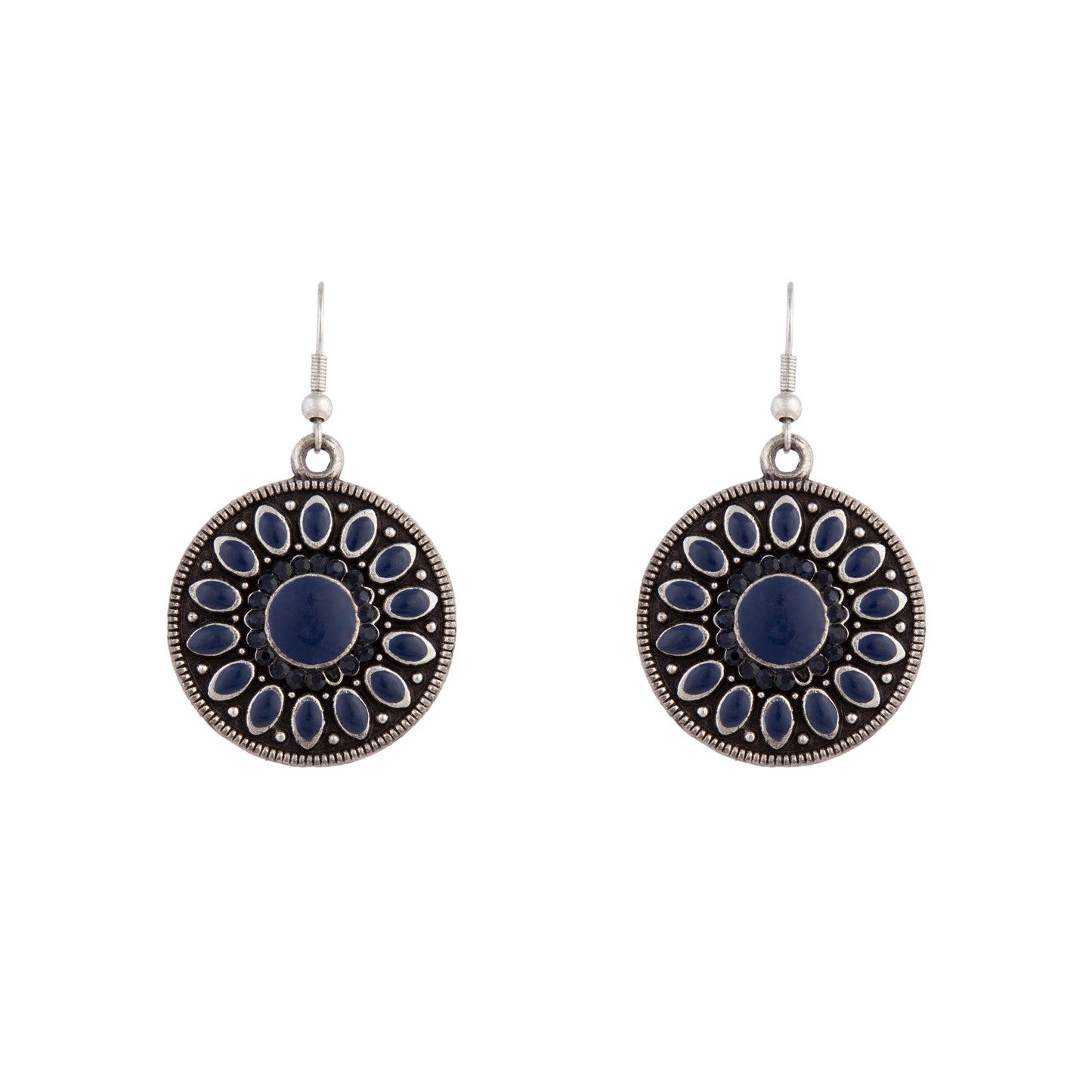 SILVER DISC DROP EARRING WITH NAVY ENAMEL EMBELLISHMENT