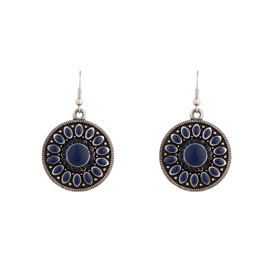 SILVER DISC DROP EARRING WITH NAVY ENAMEL EMBELLISHMENT