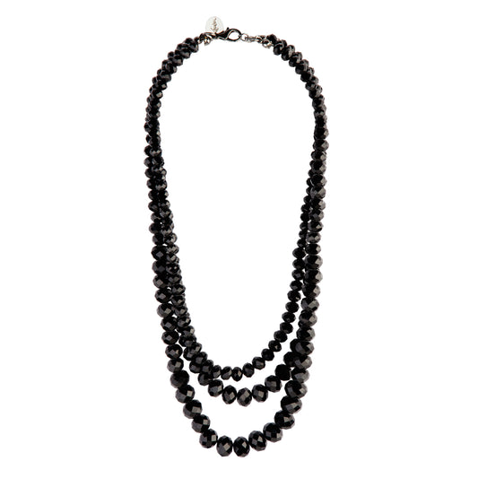 BLACK THREE ROW GLASS FACET BEAD NECKLACE