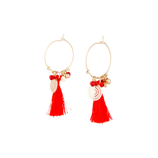 FINE GOLD HOOP EARRING WITH CHARM TASSEL IN RED