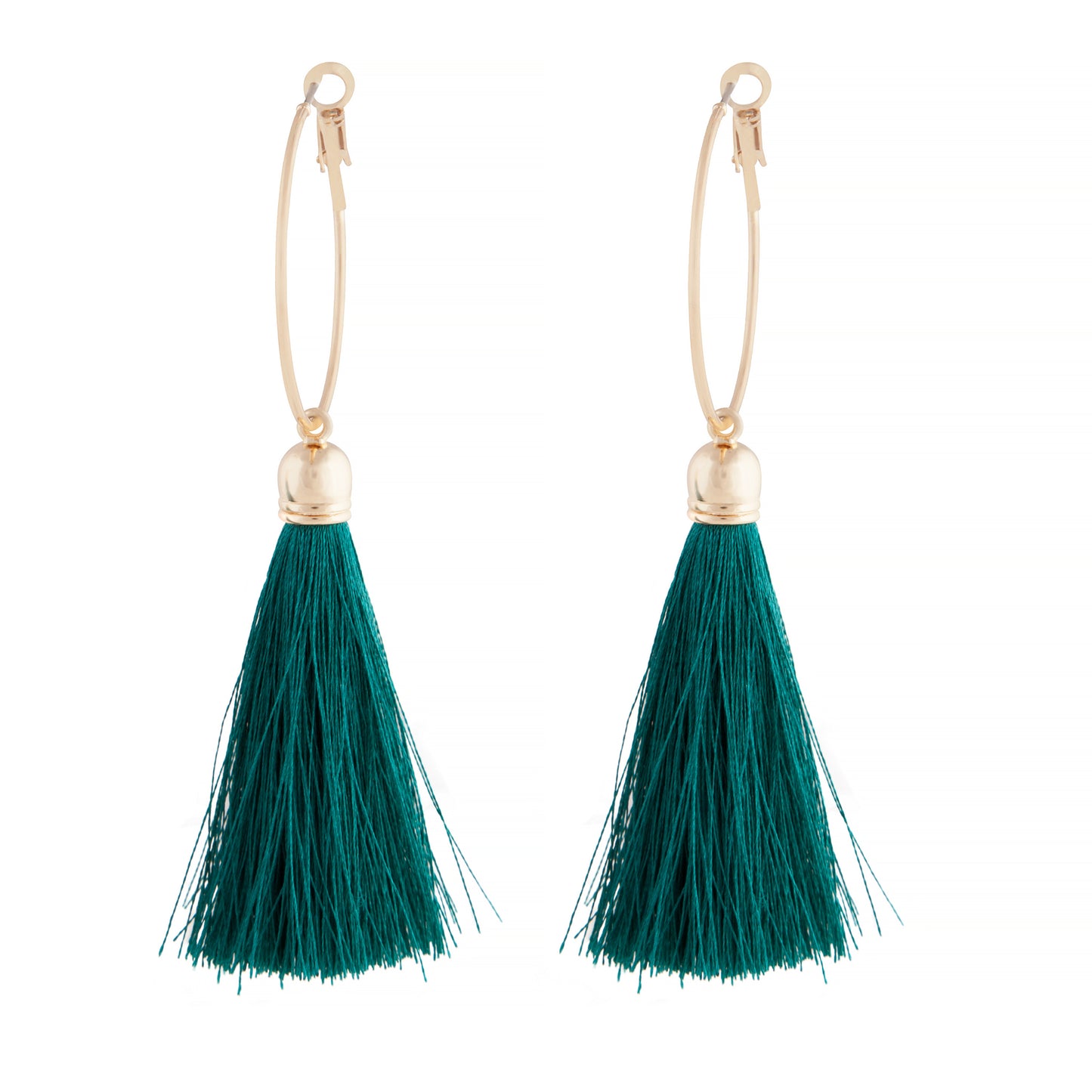 GOLD HOOP EARRING WITH TASSEL DROP IN TEAL