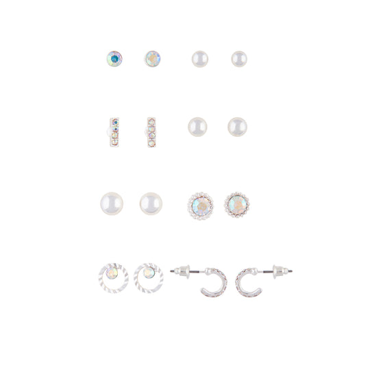 SILVER ASSORTED HOOP AND STUD 8PACK