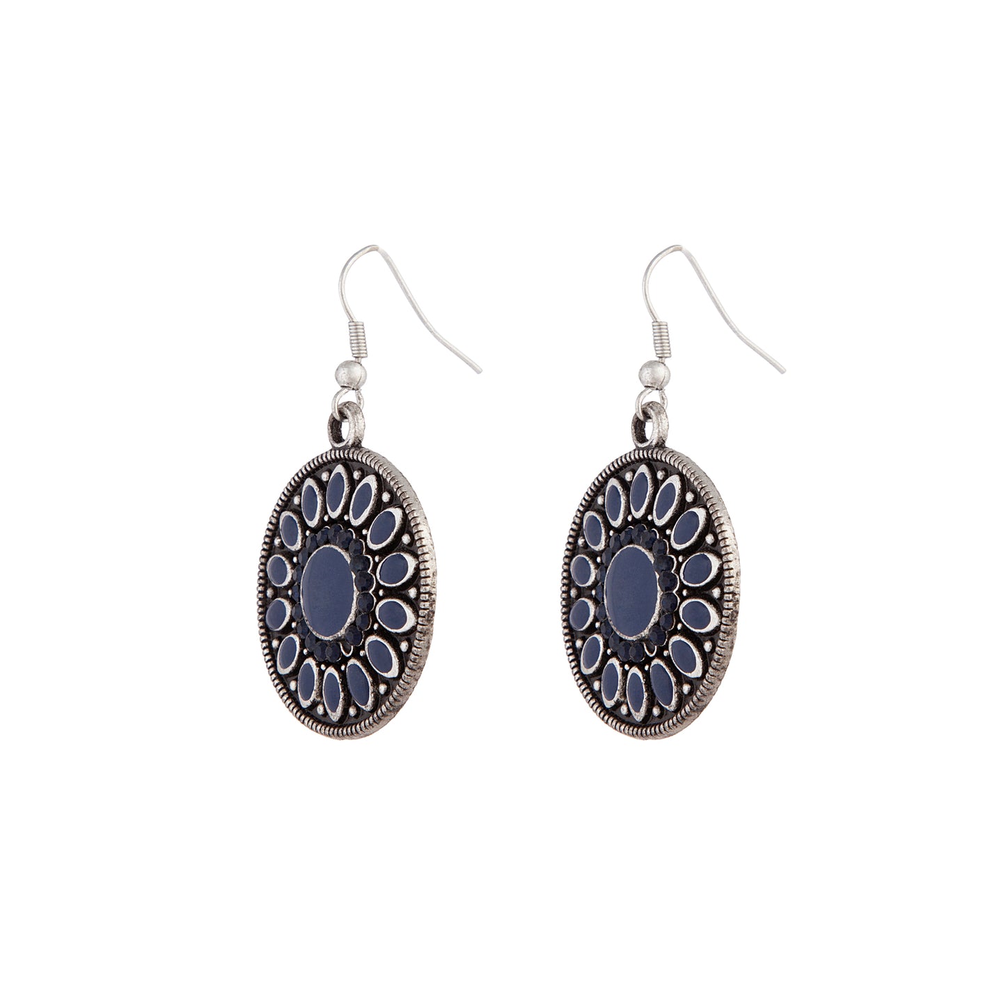 SILVER DISC DROP EARRING WITH NAVY ENAMEL EMBELLISHMENT