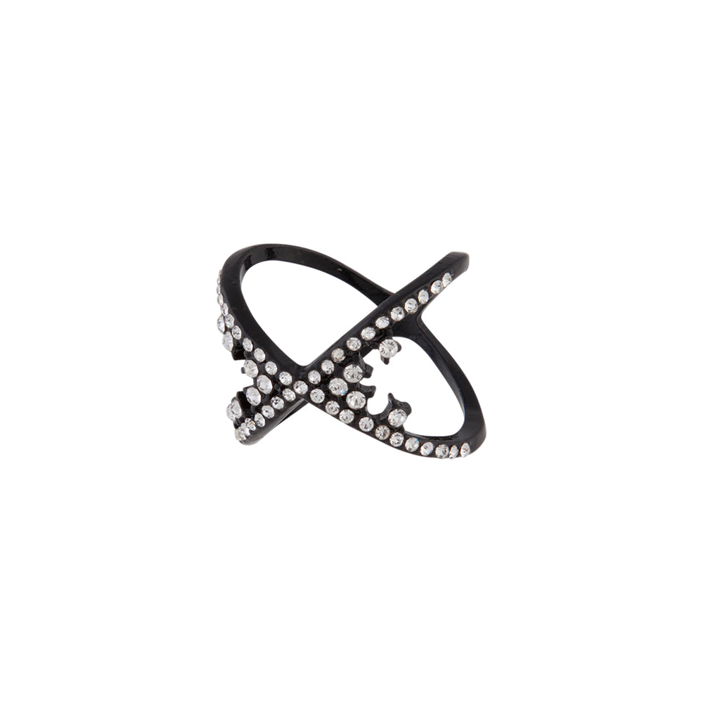 BLACK COATED METAL CROSS OVER RING WITH SILVER DIAMANTE