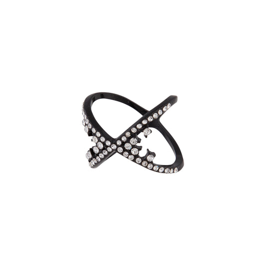 BLACK COATED METAL CROSS OVER RING WITH SILVER DIAMANTE