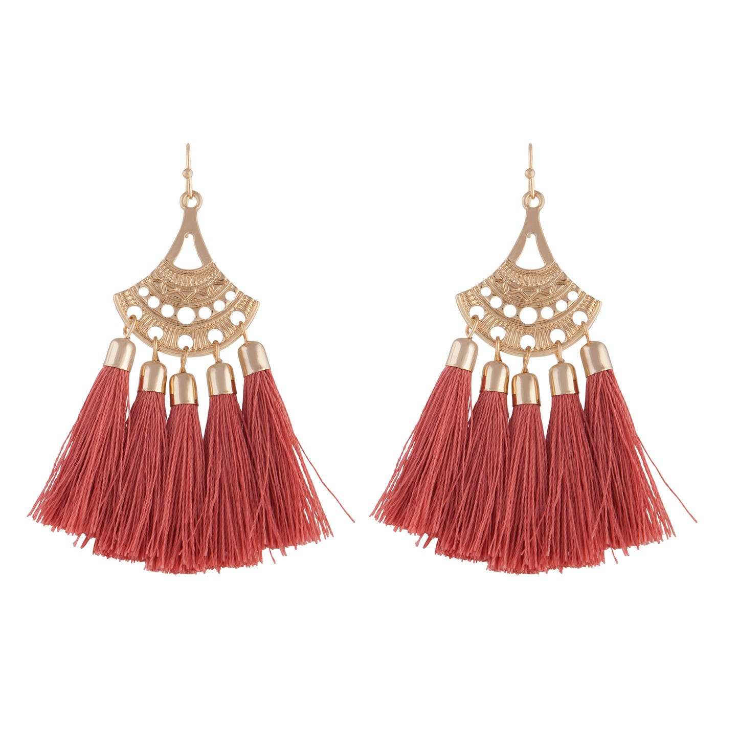 GOLD FILIGREE SHIELD WITH 5 TASSEL DROP IN CORAL