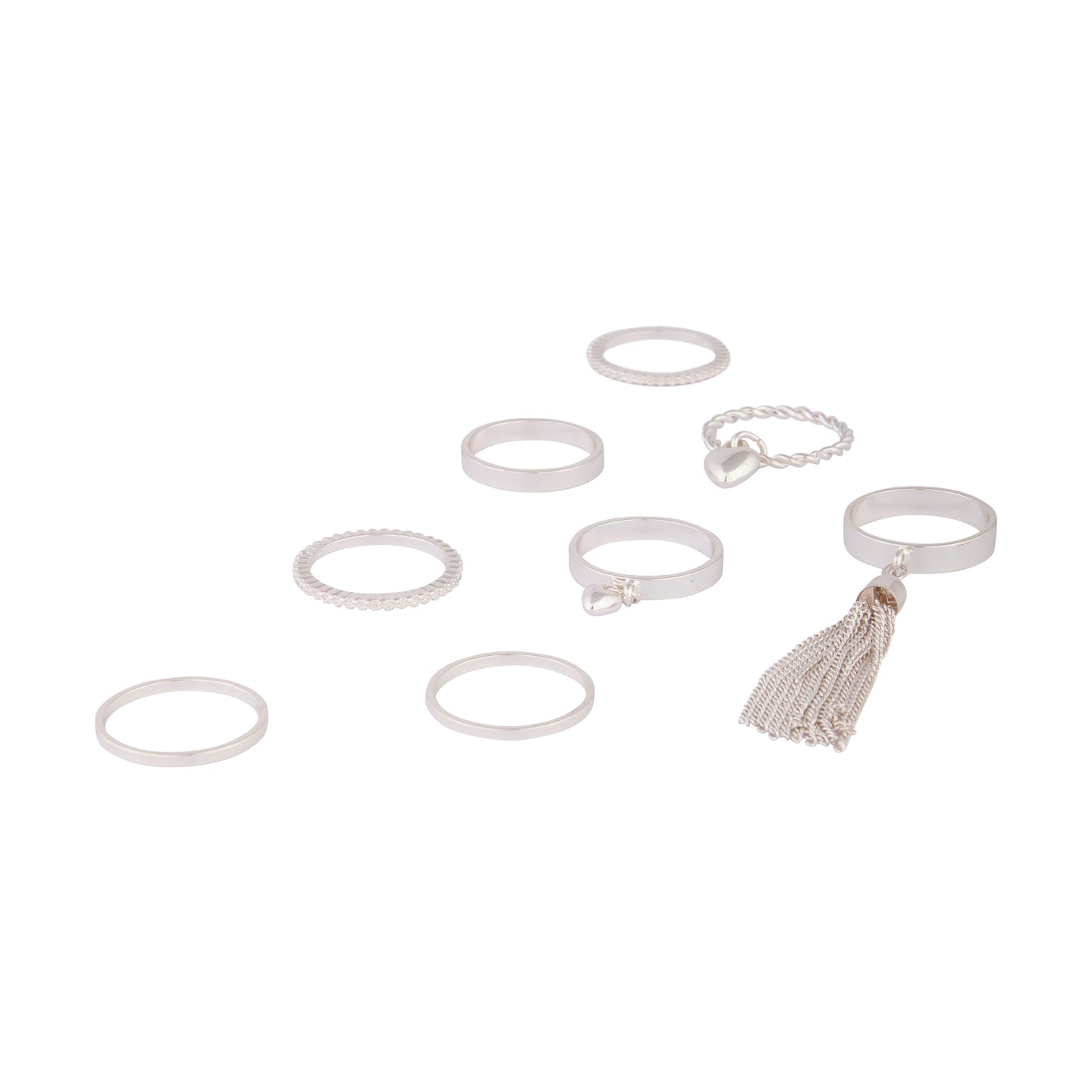 SILVER DIAMANTE AND TASSEL CHARM RING 8PACK