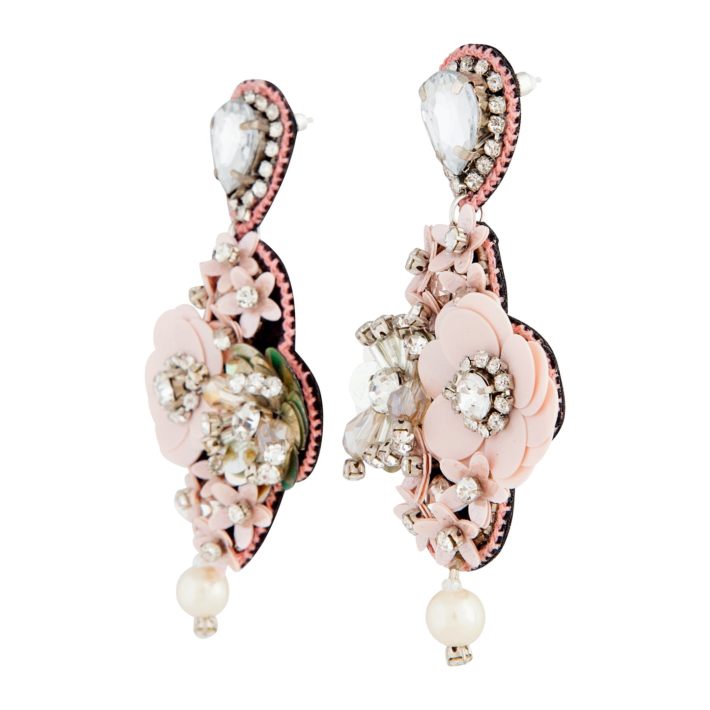 PINK SILVER SEQUIN FLOWER PEARL EARRING