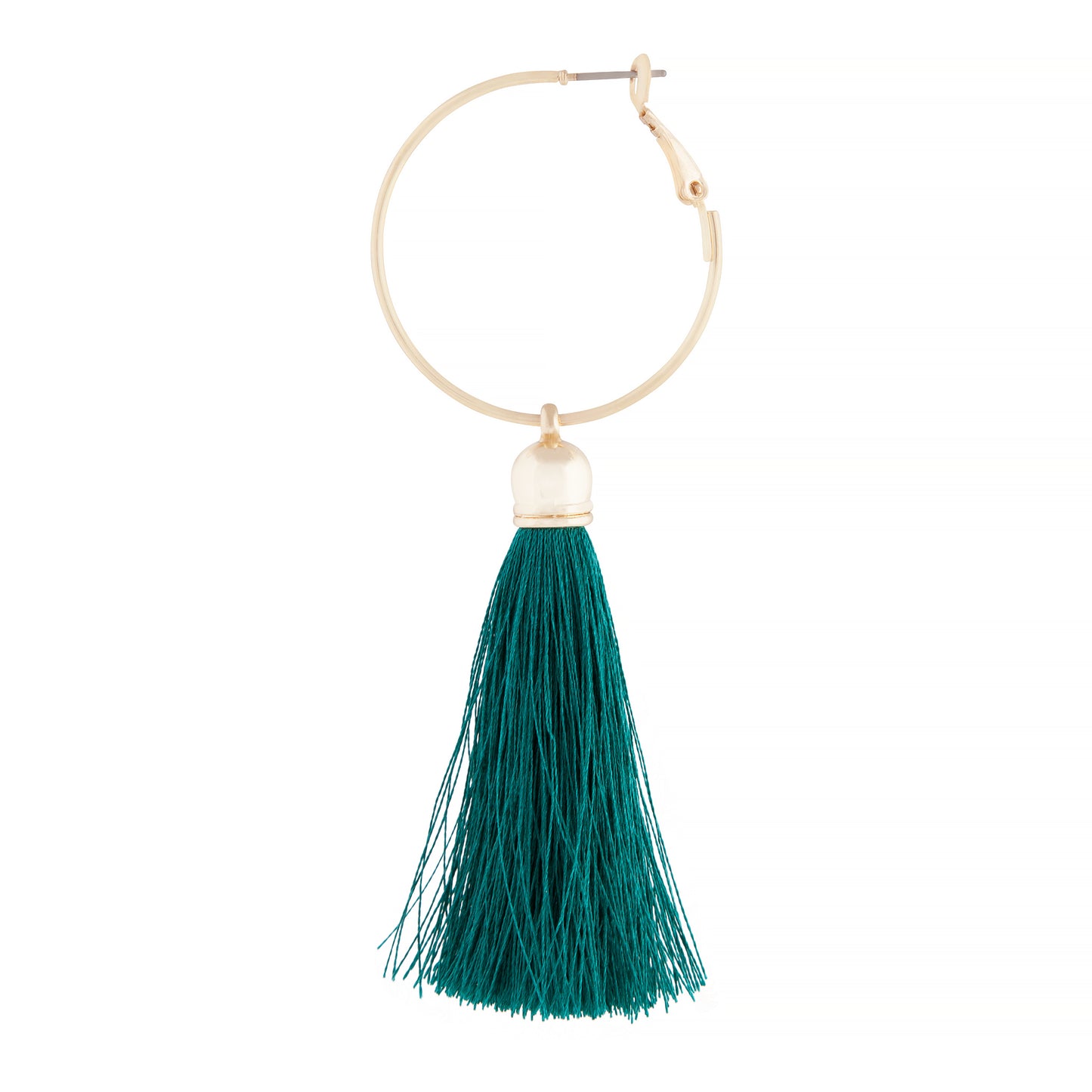 GOLD HOOP EARRING WITH TASSEL DROP IN TEAL