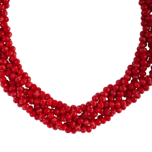 PLAITED FACET GLASS BEAD COLLAR NECKLACE IN RED
