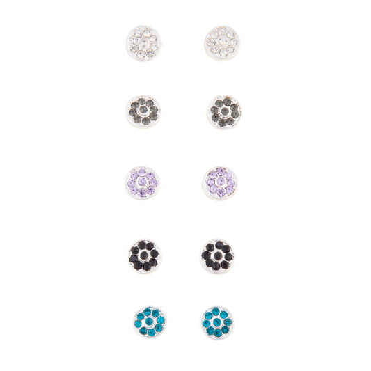 MIXED BLUE PAVE FLOWER CLIP ON EARRINGS 5PACK
