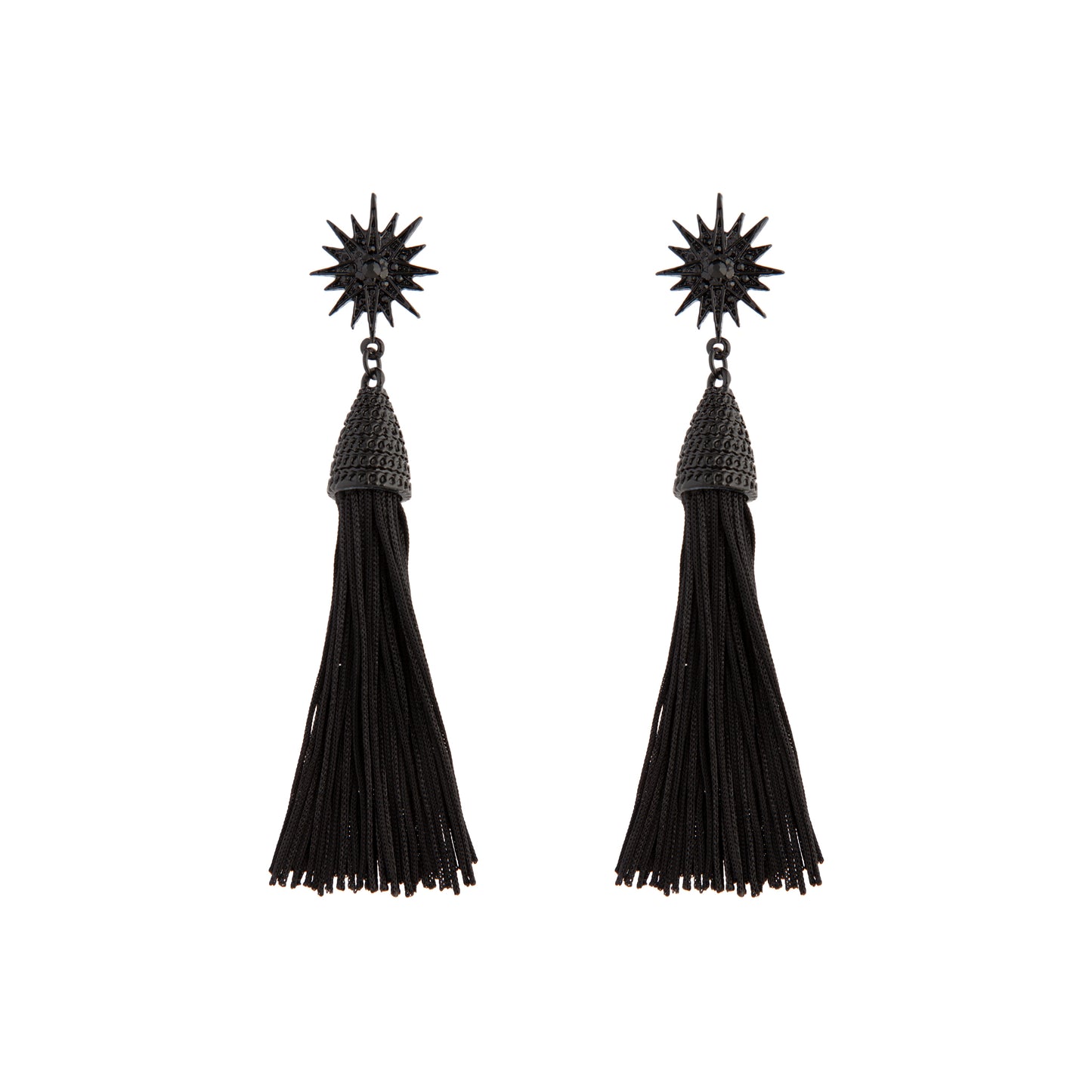 BLACK COATED METAL STAR TASSEL DROP EARRING