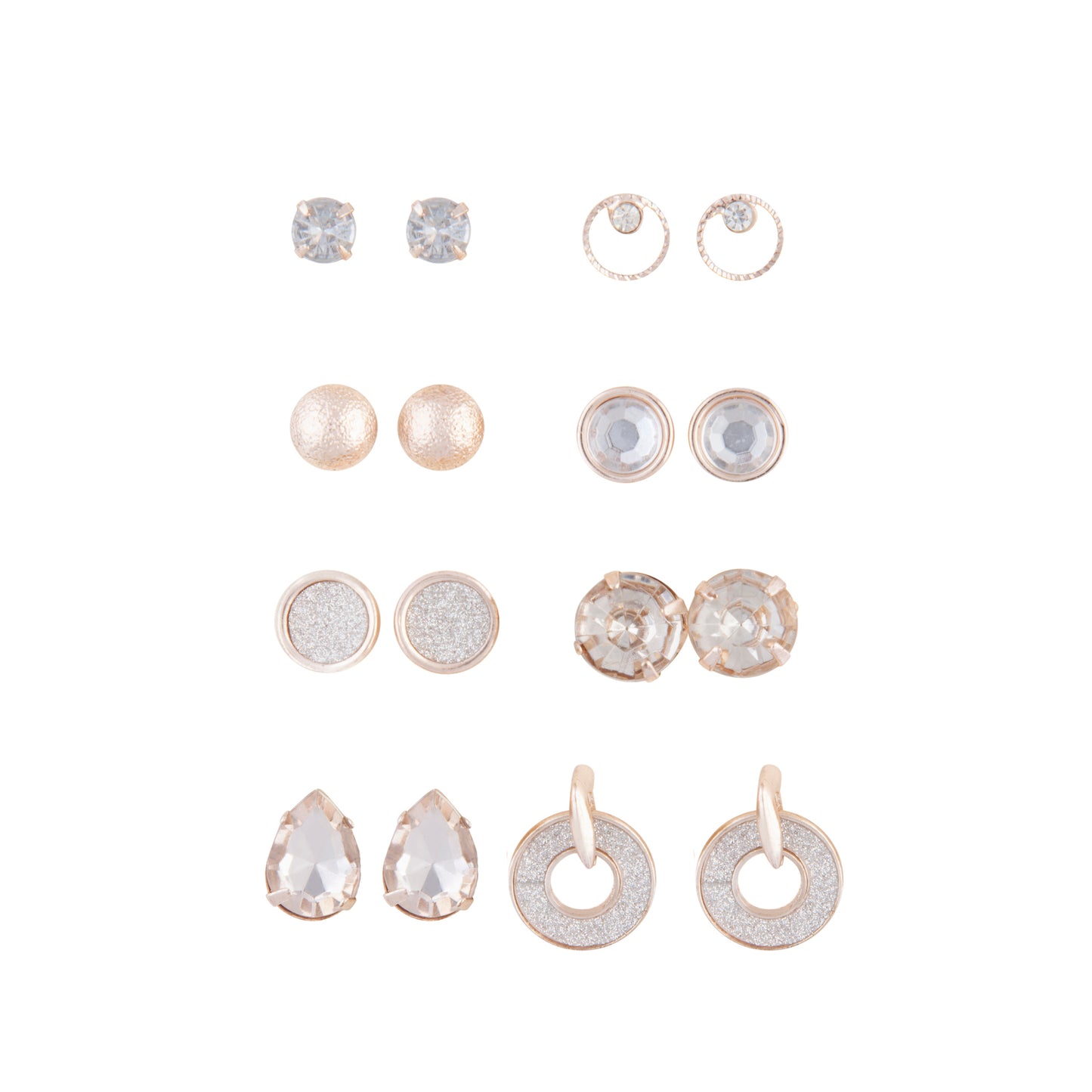 GOLD MIXED STUD 8PACK WITH LARGE TEARDROP CRYSTAL