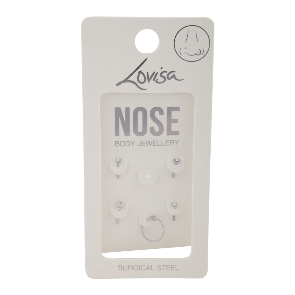 MIX OF SILVER 8mm NOSE STUDS + 10mm NOSE RING 6PK 20Gx0.8mm