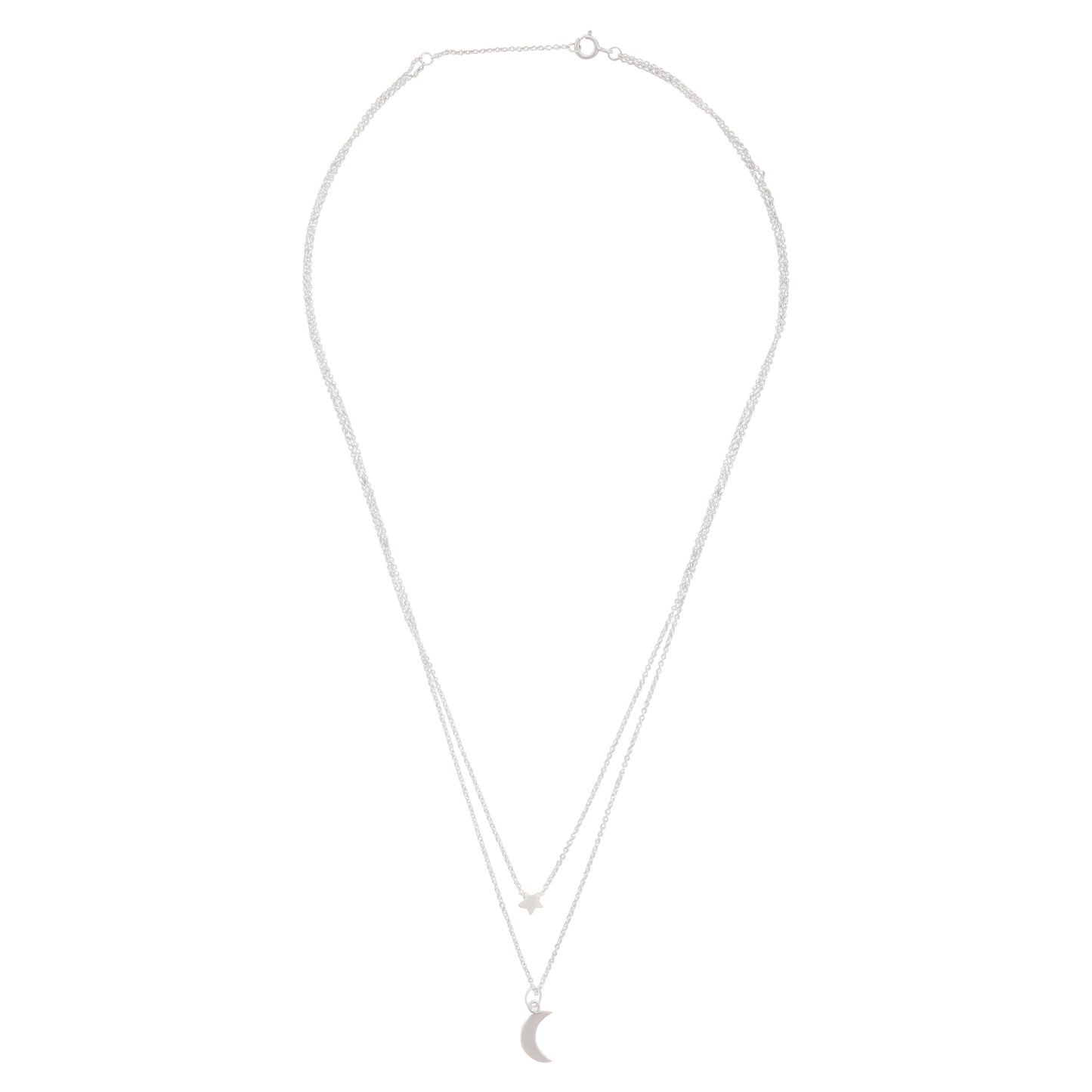STERLING SILVER DOUBLE DROP STAR AND MOON PENDANT NECKLACE