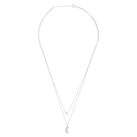 STERLING SILVER DOUBLE DROP STAR AND MOON PENDANT NECKLACE